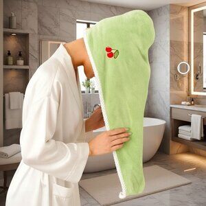 GREEN CHERRY EMBROIDERY HAIR TOWEL 1 PIECE